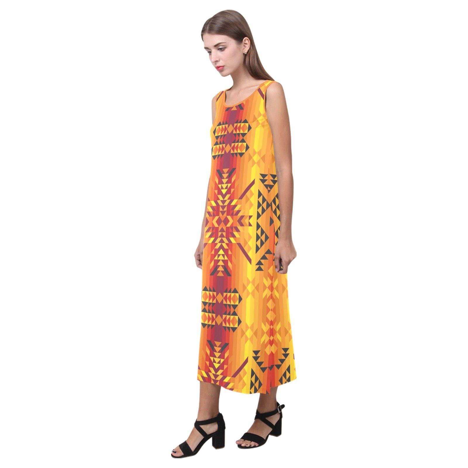Desert Geo Yellow Red Phaedra Sleeveless Open Fork Long Dress (Model D08) Phaedra Sleeveless Open Fork Long Dress (D08) e-joyer
