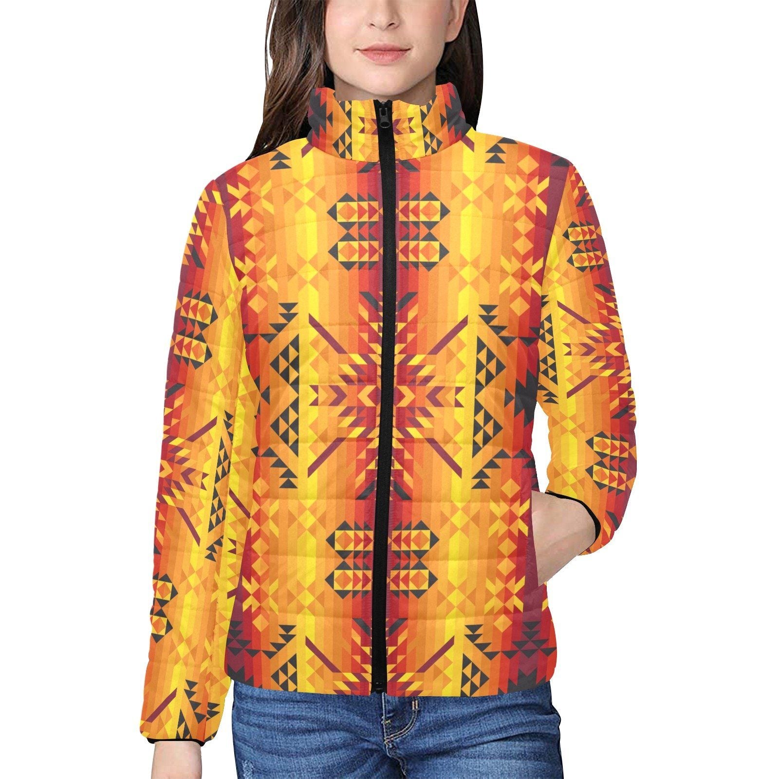 Desert Geo Yellow Red Women's Stand Collar Padded Jacket (Model H41) jacket e-joyer