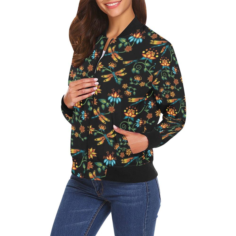 Dragon Lily Noir All Over Print Bomber Jacket for Women (Model H19) Jacket e-joyer