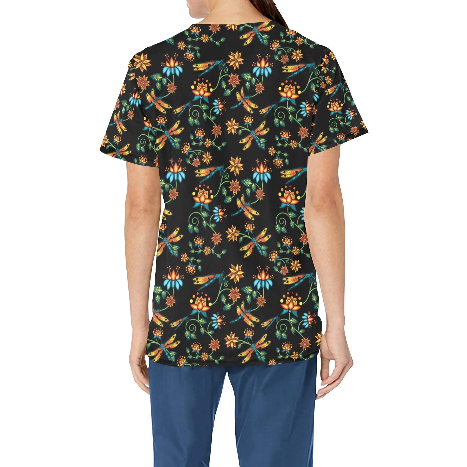 Dragon Lily Noir All Over Print Scrub Top Scrub Top e-joyer