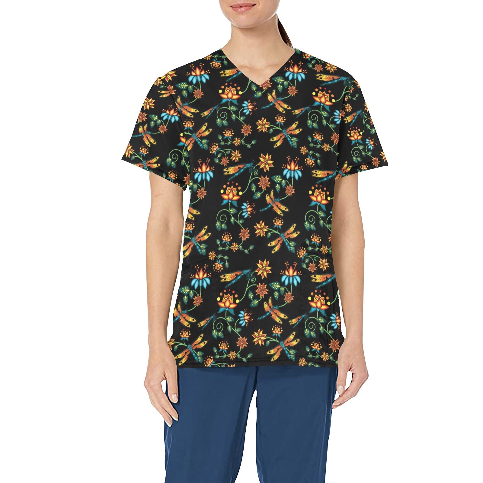 Dragon Lily Noir All Over Print Scrub Top Scrub Top e-joyer