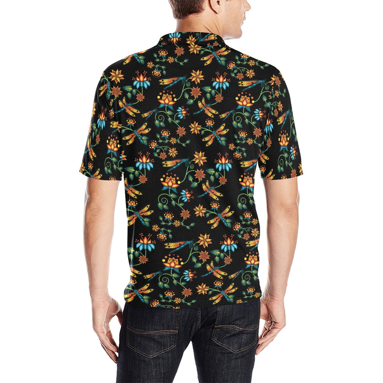 Dragon Lily Noir Men's All Over Print Polo Shirt (Model T55) Men's Polo Shirt (Model T55) e-joyer 