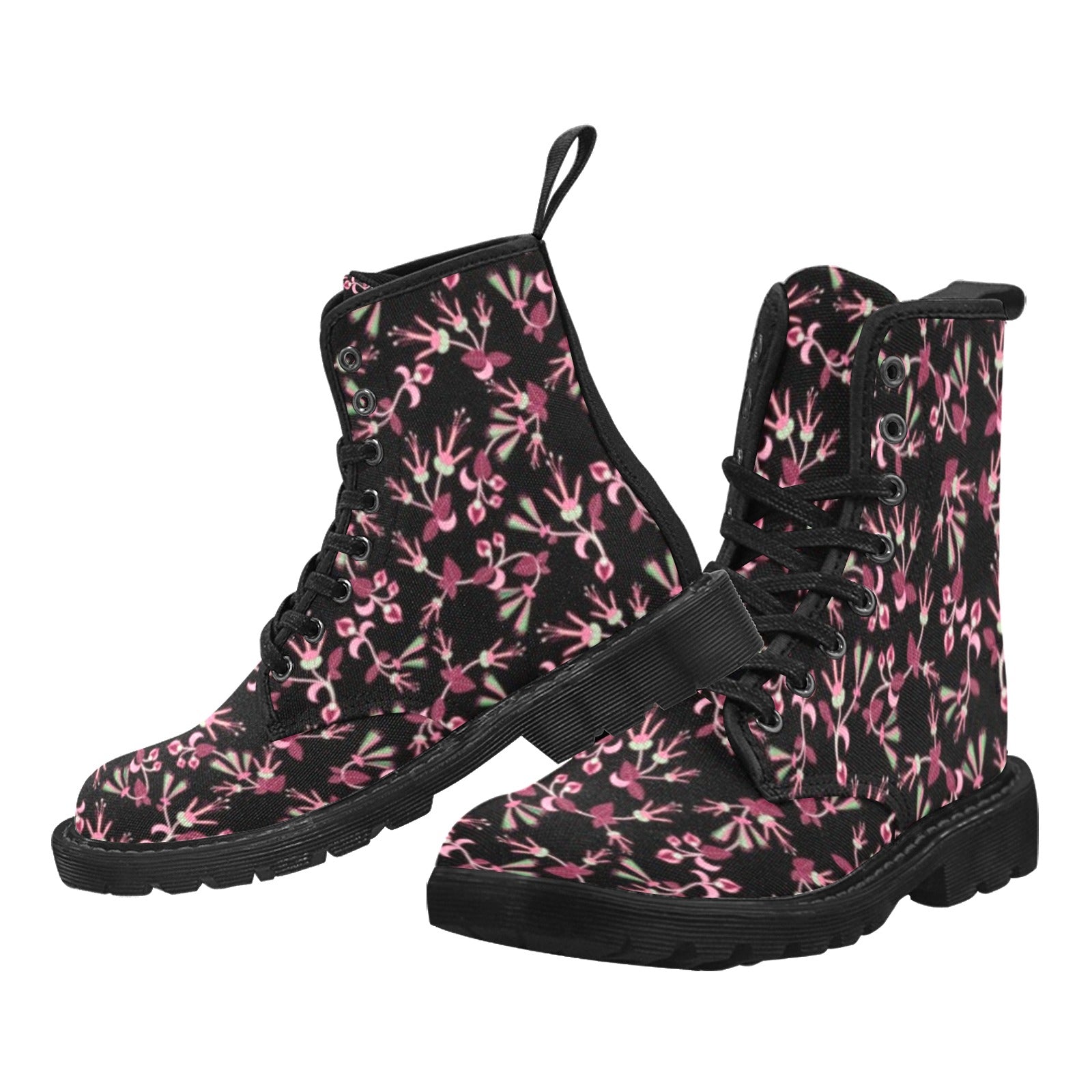 Floral Green Black Boots for Women (Black)