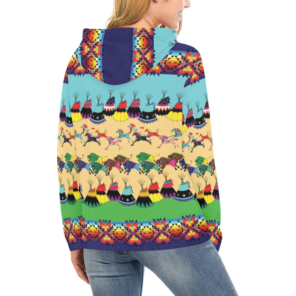 Horses and Buffalo Ledger Blue Hoodie for Women (USA Size)