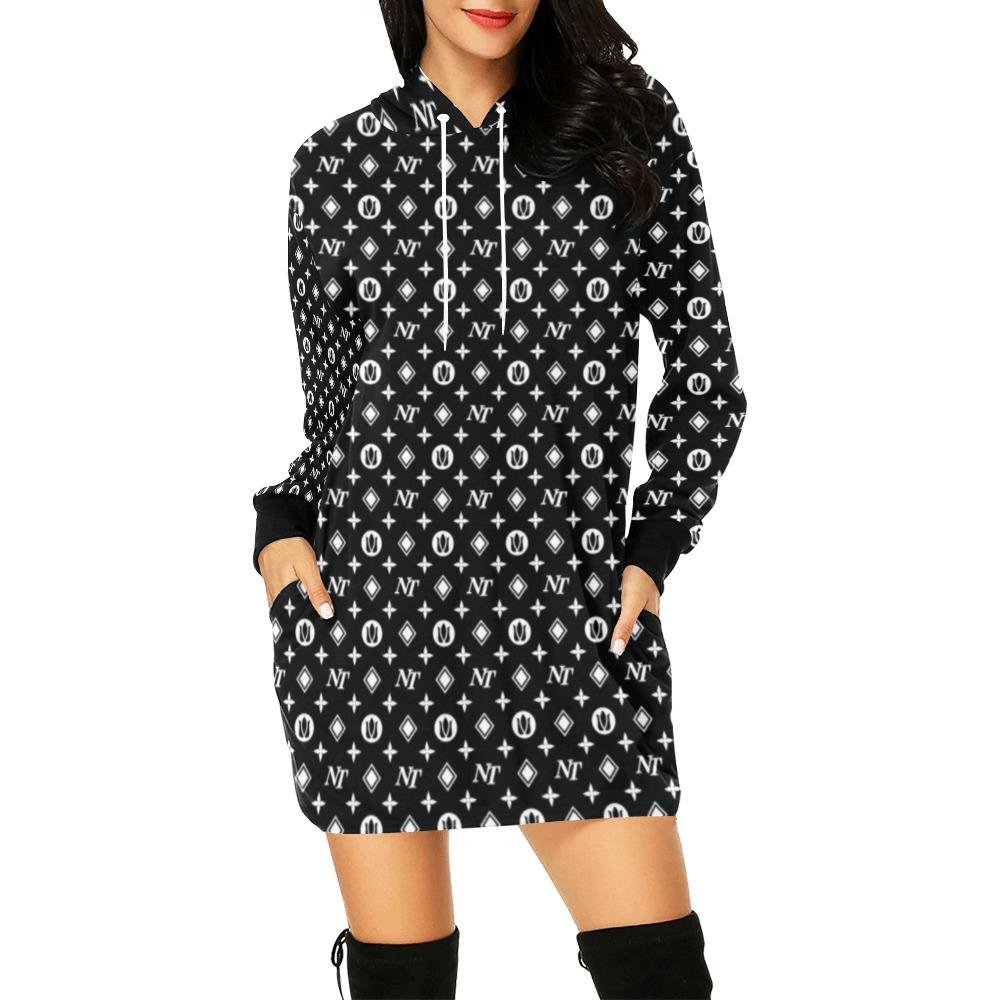Fancy NT Pattern White on Black All Over Print Hoodie Mini Dress (Model H27) All Over Print Hoodie Mini Dress (H27) e-joyer