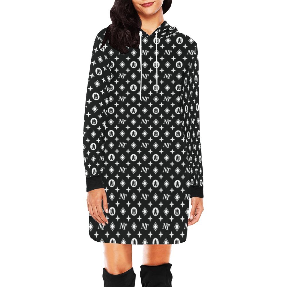 Fancy NT Pattern White on Black All Over Print Hoodie Mini Dress (Model H27) All Over Print Hoodie Mini Dress (H27) e-joyer