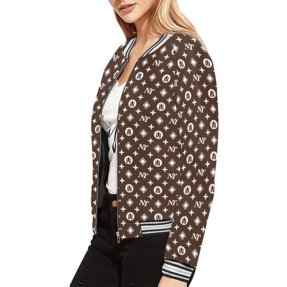 Fancy NT Pattern White on Brown All Over Print Bomber Jacket for Women (Model H21) All Over Print Bomber Jacket for Women (H21) e-joyer