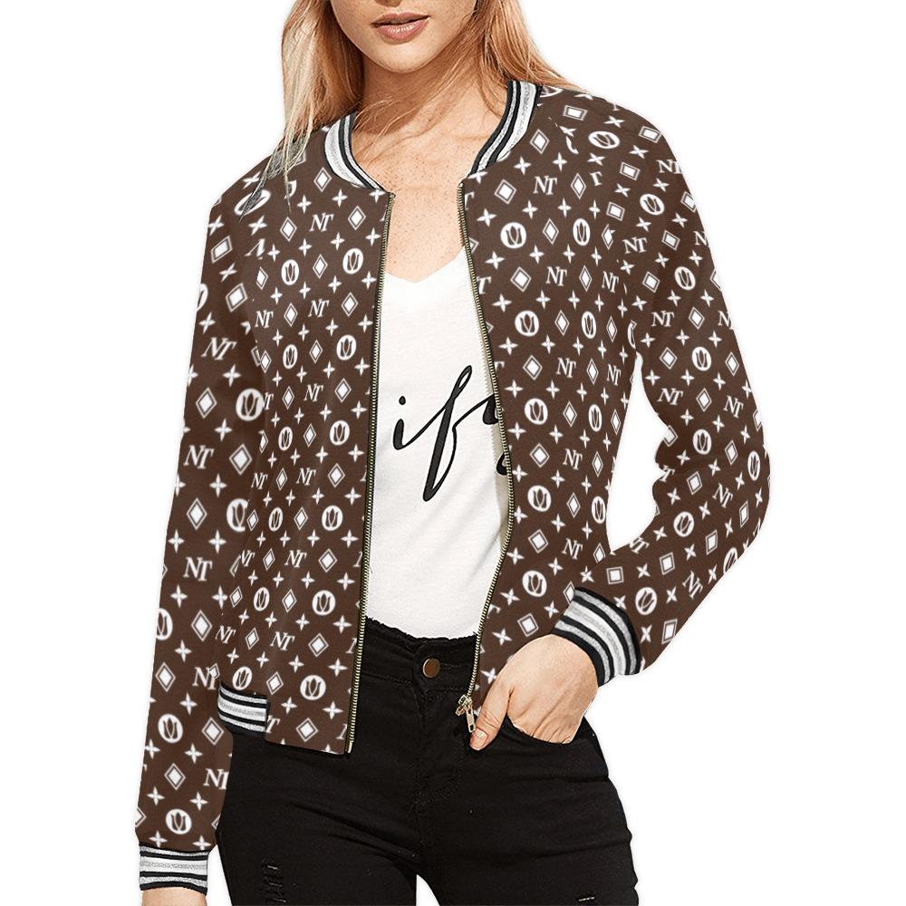 Fancy NT Pattern White on Brown All Over Print Bomber Jacket for Women (Model H21) All Over Print Bomber Jacket for Women (H21) e-joyer