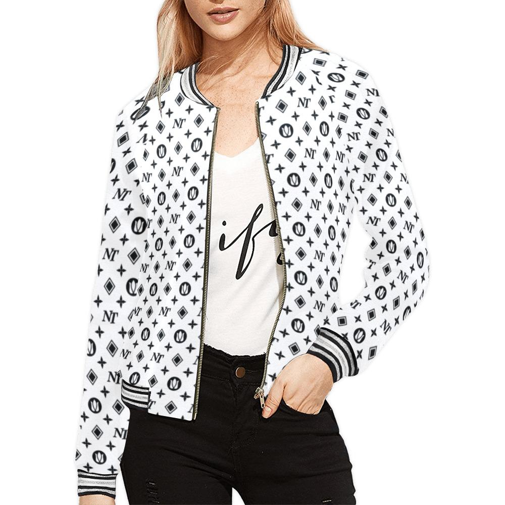 Fancy NT Pattern White on White All Over Print Bomber Jacket for Women  (Model H21)