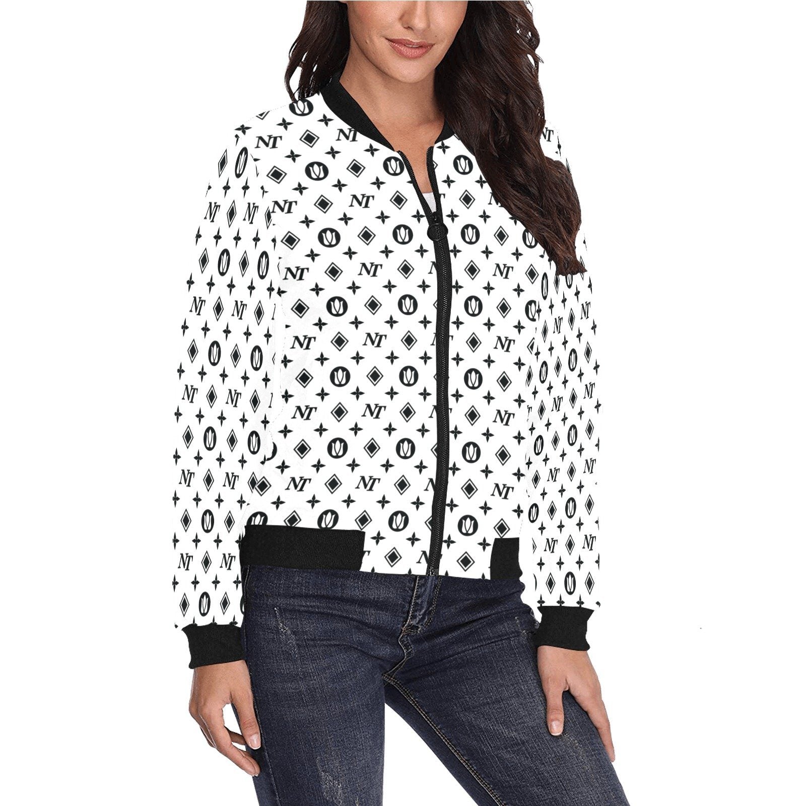 Fancy NT Pattern White on White All Over Print Bomber Jacket for Women (Model H36) All Over Print Bomber Jacket for Women (H36) e-joyer