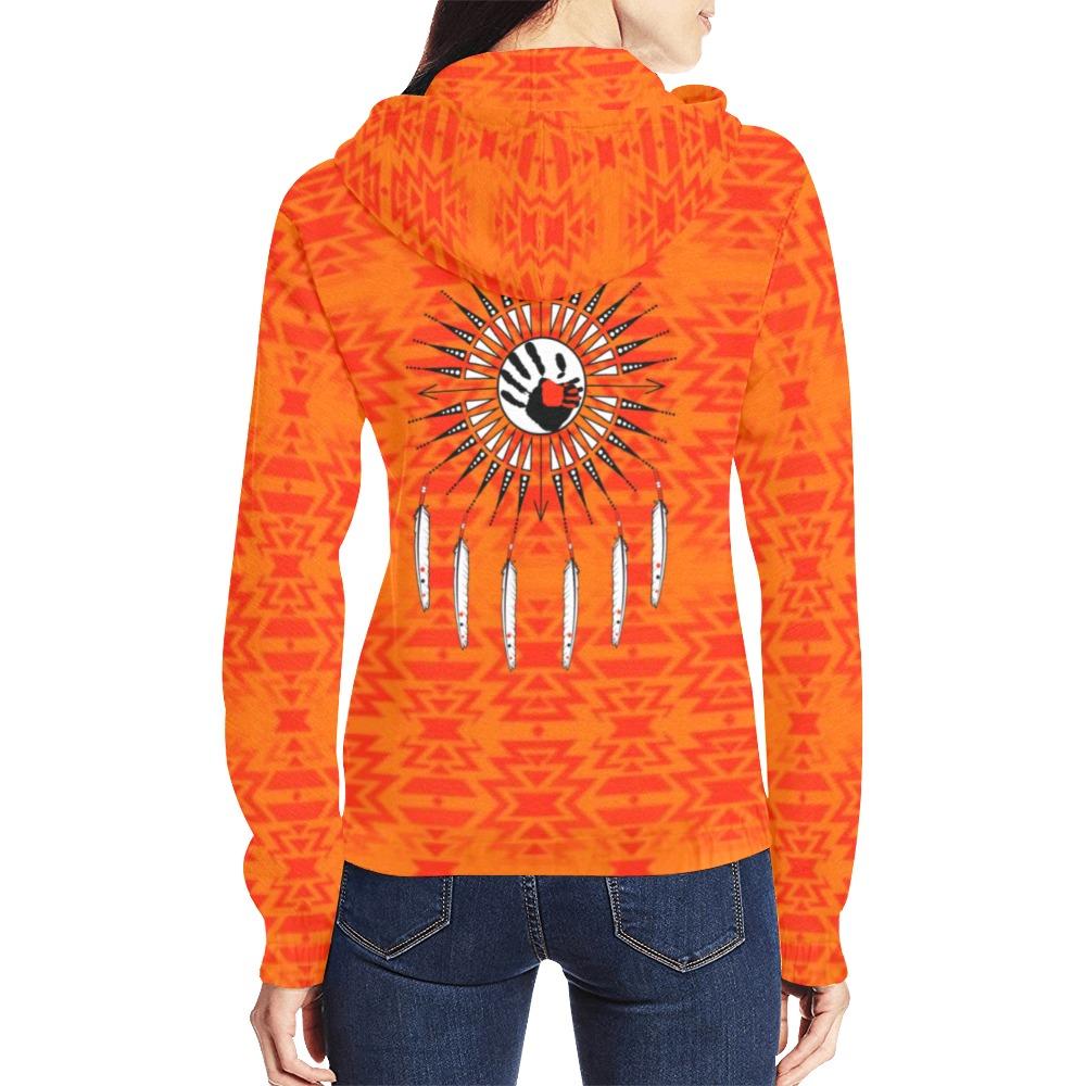 Fire Colors and Turquoise Feather Directions All Over Print Full Zip Hoodie for Women (Model H14) All Over Print Full Zip Hoodie for Women (H14) e-joyer