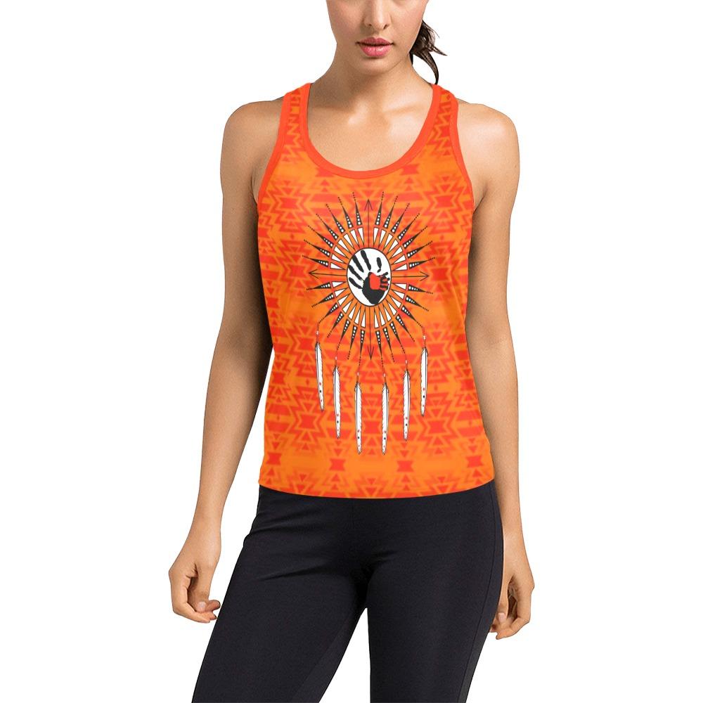 Fire Colors and Turquoise Orange Feather Directions Women's Racerback Tank Top (Model T60) Racerback Tank Top (T60) e-joyer