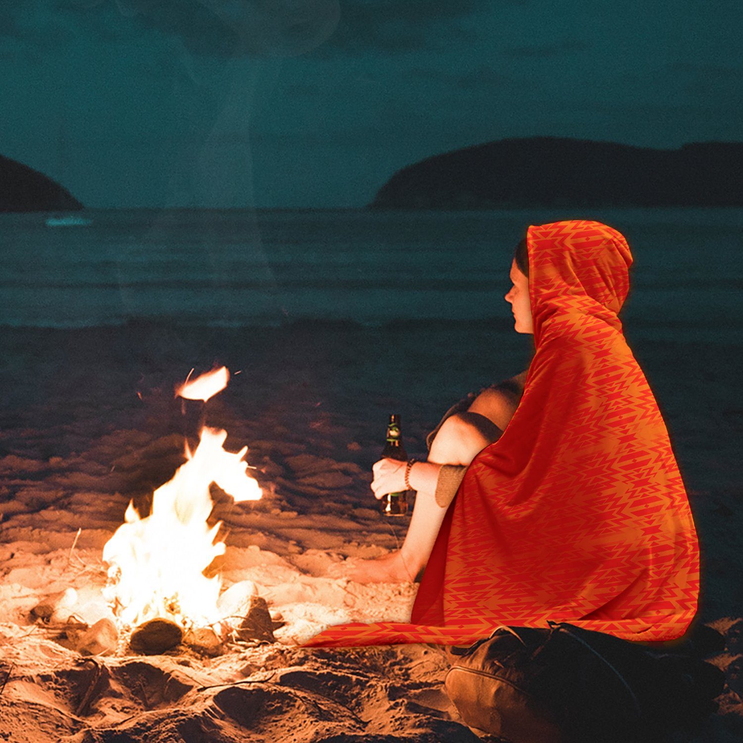 Fire Colors and Turquoise Orange Hooded Blanket blanket 49 Dzine