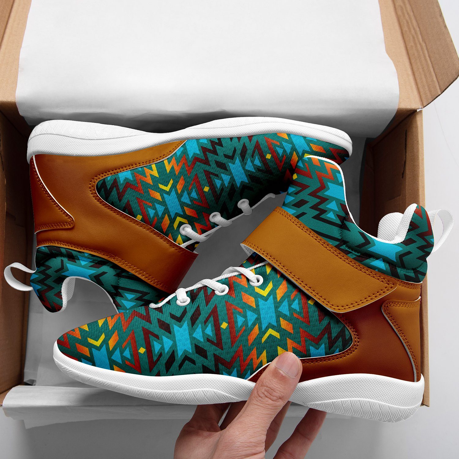 Fire Colors and Turquoise Teal Ipottaa Basketball / Sport High Top Shoes 49 Dzine