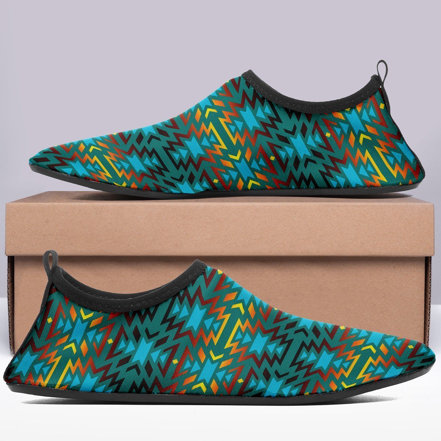 Fire Colors and Turquoise Teal Sockamoccs Kid's Slip On Shoes 49 Dzine