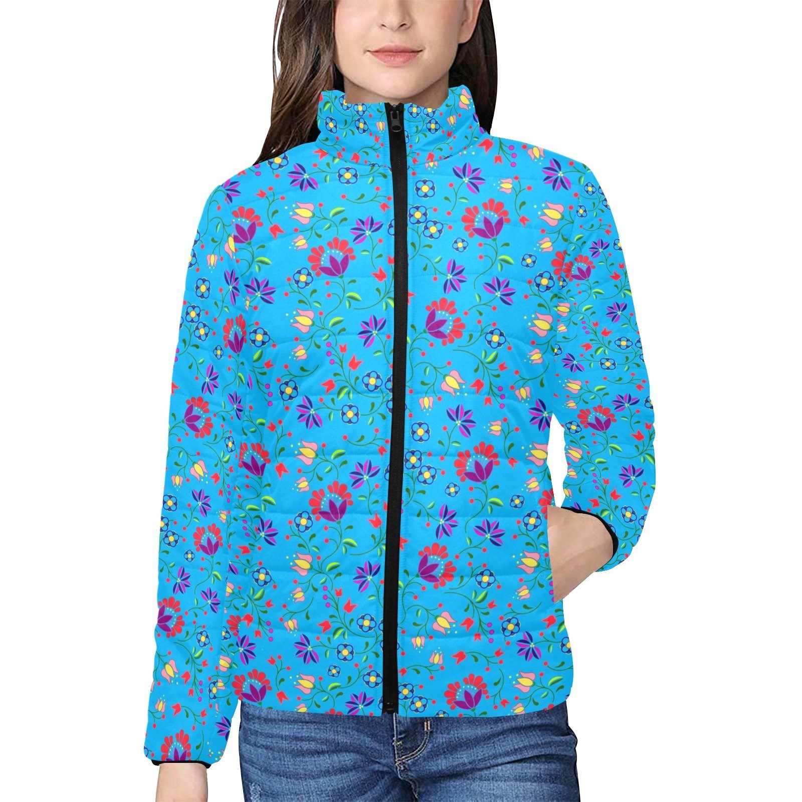 Fleur Indigine Ciel Women's Stand Collar Padded Jacket (Model H41) jacket e-joyer