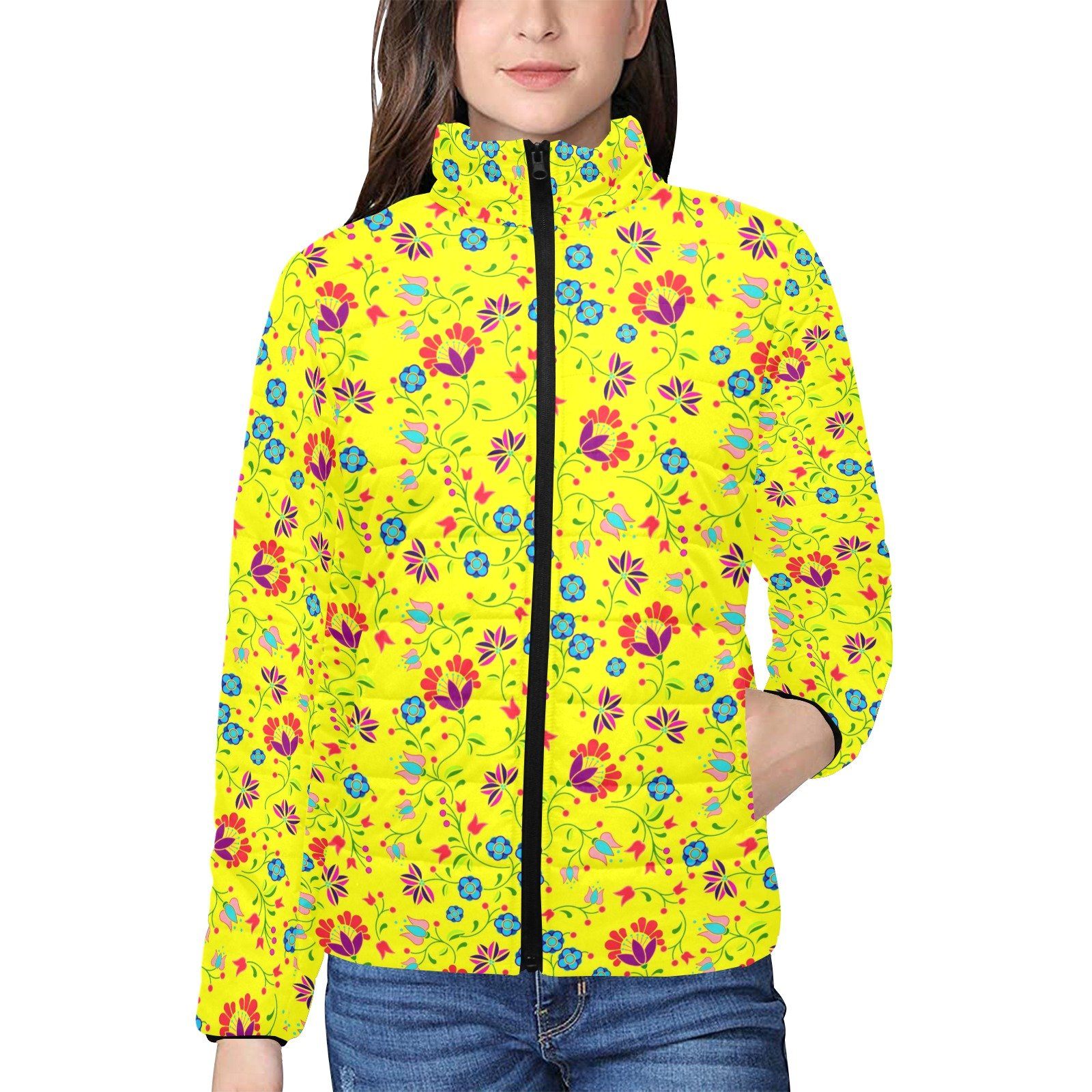 Fleur Indigine Mais Women's Stand Collar Padded Jacket (Model H41) jacket e-joyer