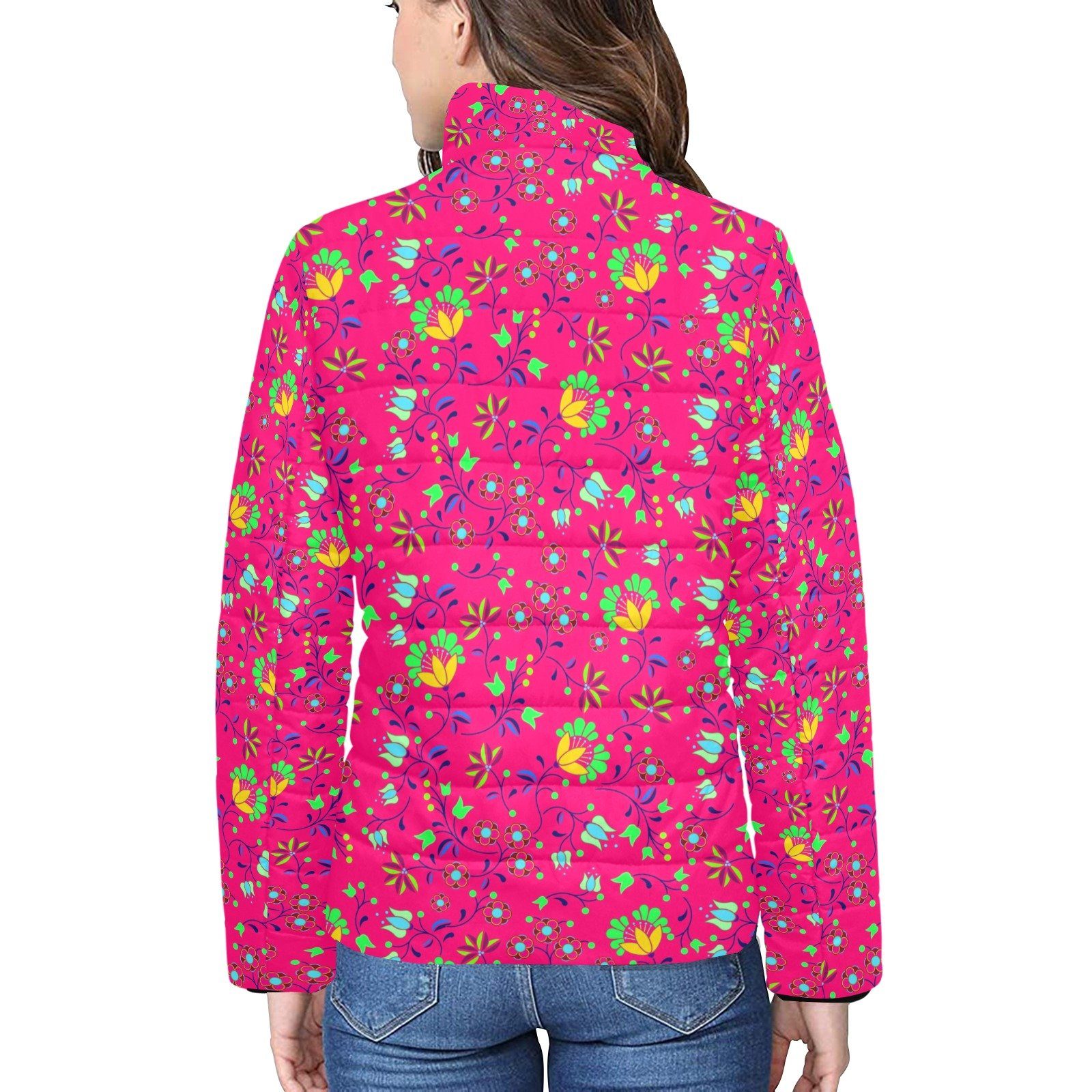 Fleur Indigine Rouge Women's Stand Collar Padded Jacket (Model H41) jacket e-joyer