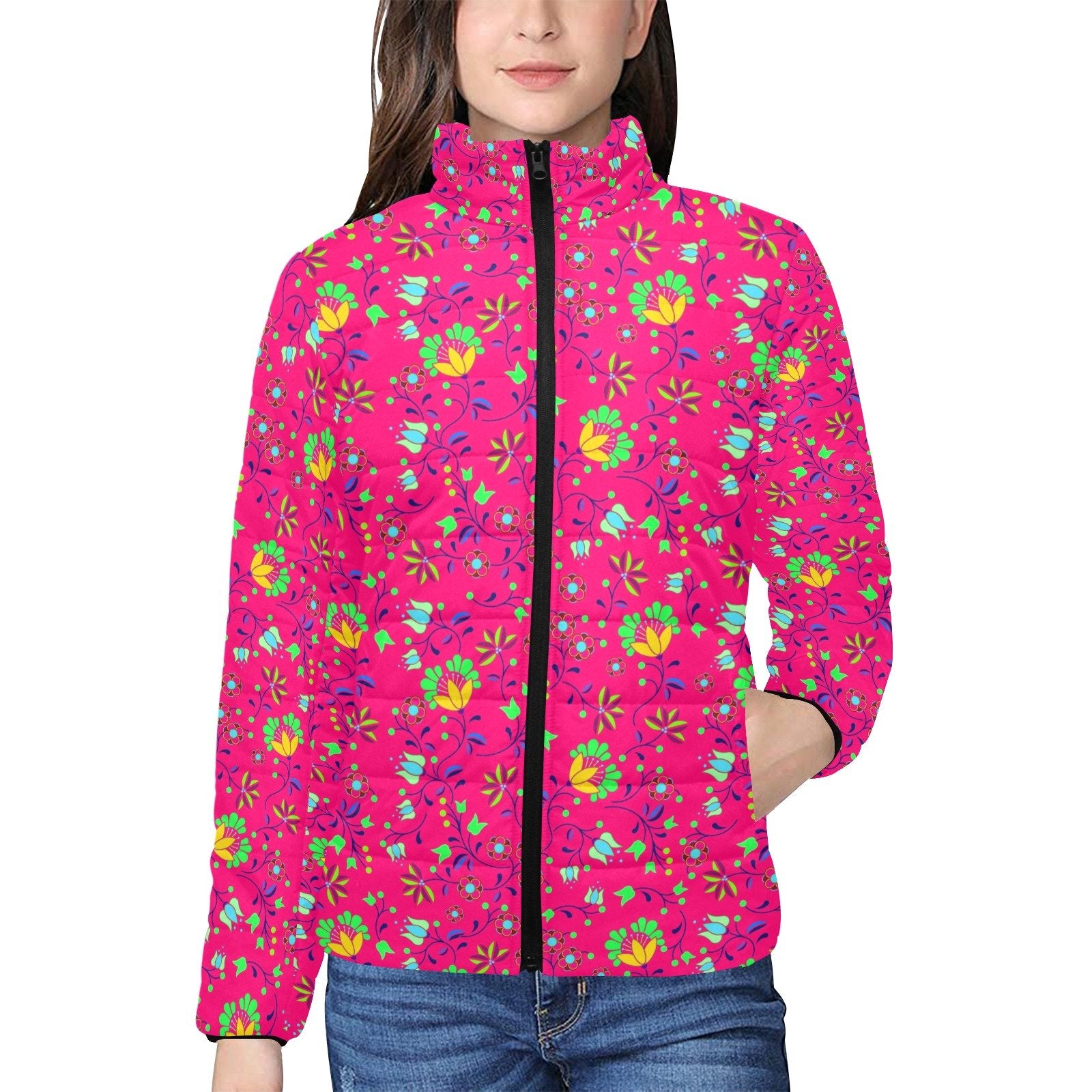 Fleur Indigine Rouge Women's Stand Collar Padded Jacket (Model H41) jacket e-joyer