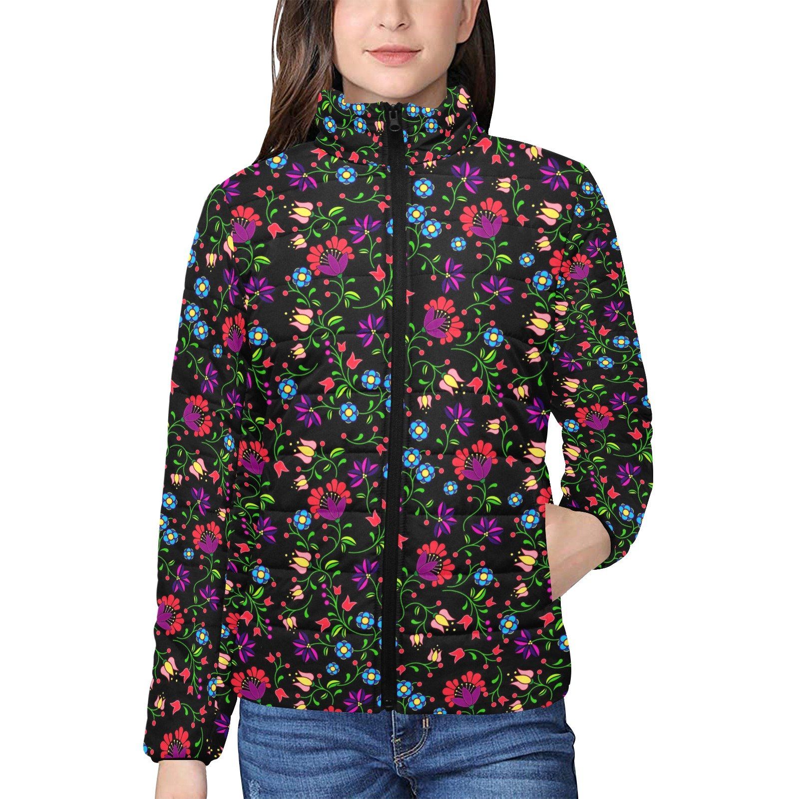 Fleur Indigine Women's Stand Collar Padded Jacket (Model H41) jacket e-joyer