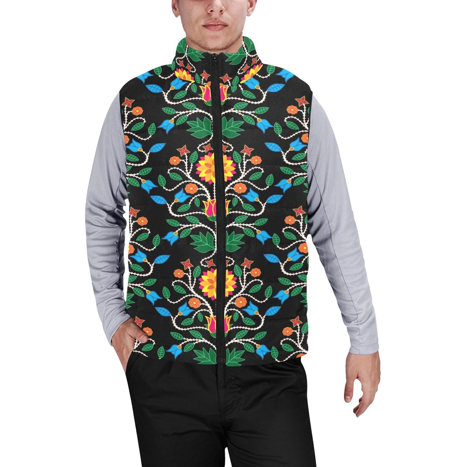 Floral Beadwork Four Clans Men's Padded Vest Jacket (Model H44) Men's Padded Vest Jacket (H44) e-joyer
