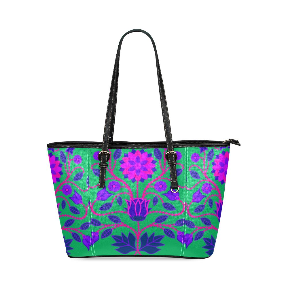 Floral Beadwork Four Clans Teal Leather Tote Bag/Large (Model 1640) Leather Tote Bag (1640) e-joyer