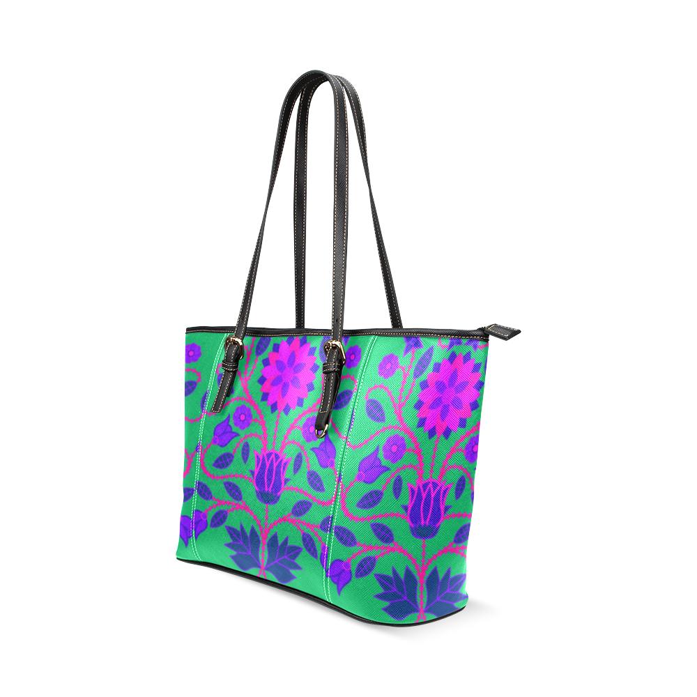 Floral Beadwork Four Clans Teal Leather Tote Bag/Large (Model 1640) Leather Tote Bag (1640) e-joyer