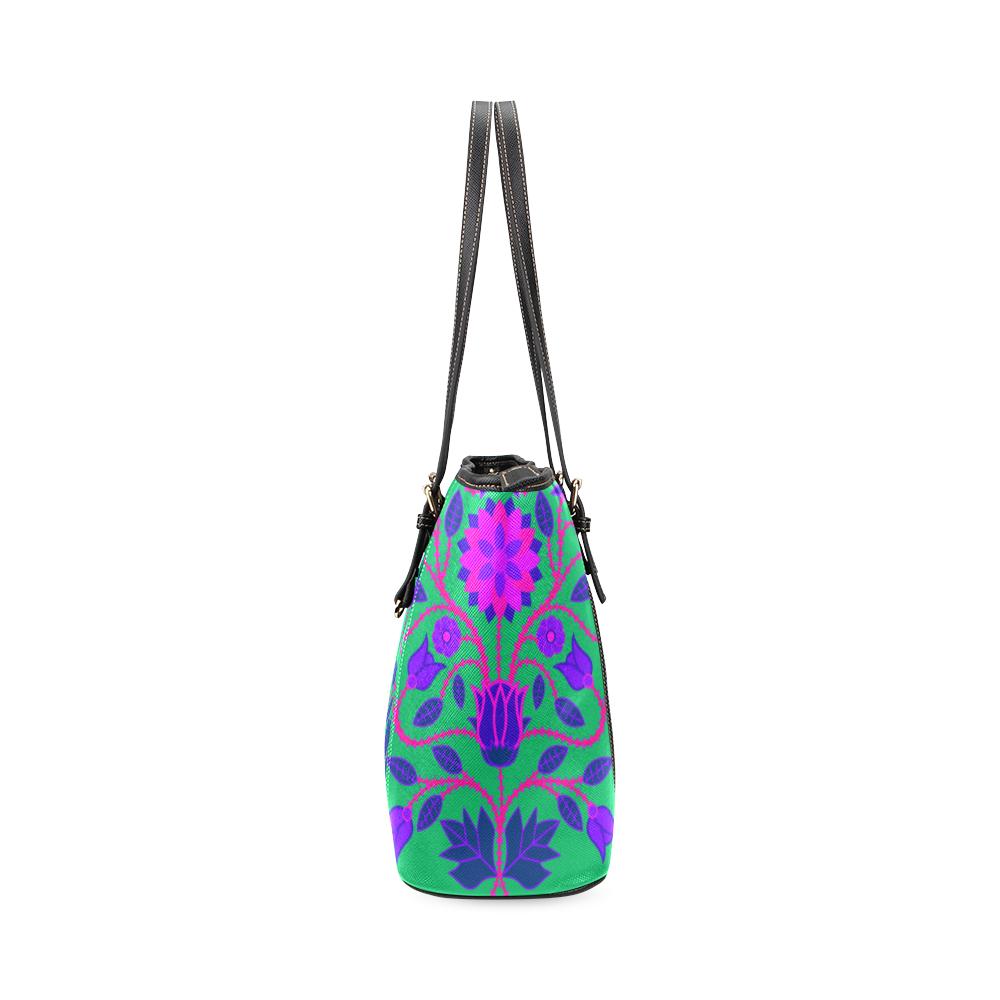 Floral Beadwork Four Clans Teal Leather Tote Bag/Large (Model 1640) Leather Tote Bag (1640) e-joyer