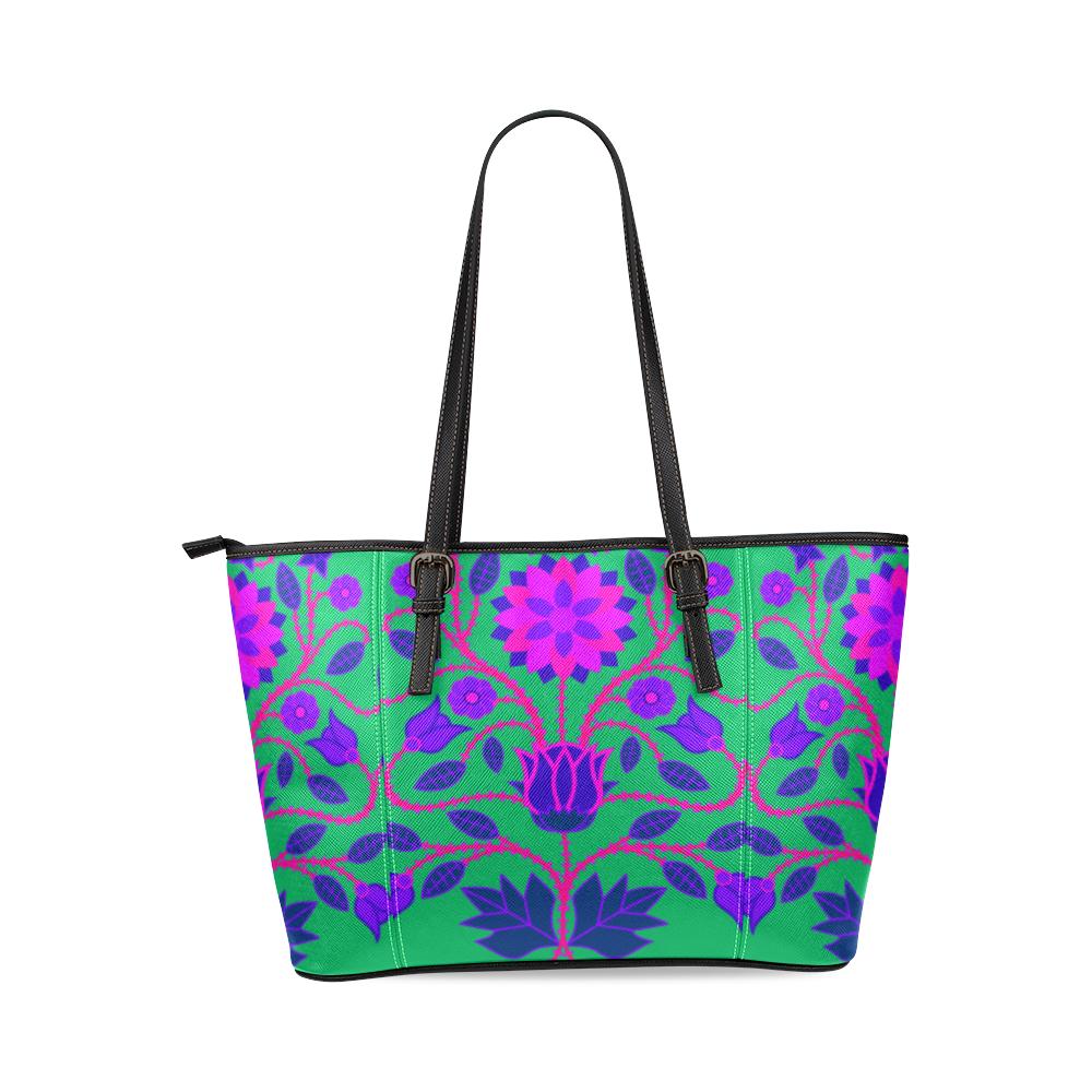 Floral Beadwork Four Clans Teal Leather Tote Bag/Large (Model 1640) Leather Tote Bag (1640) e-joyer