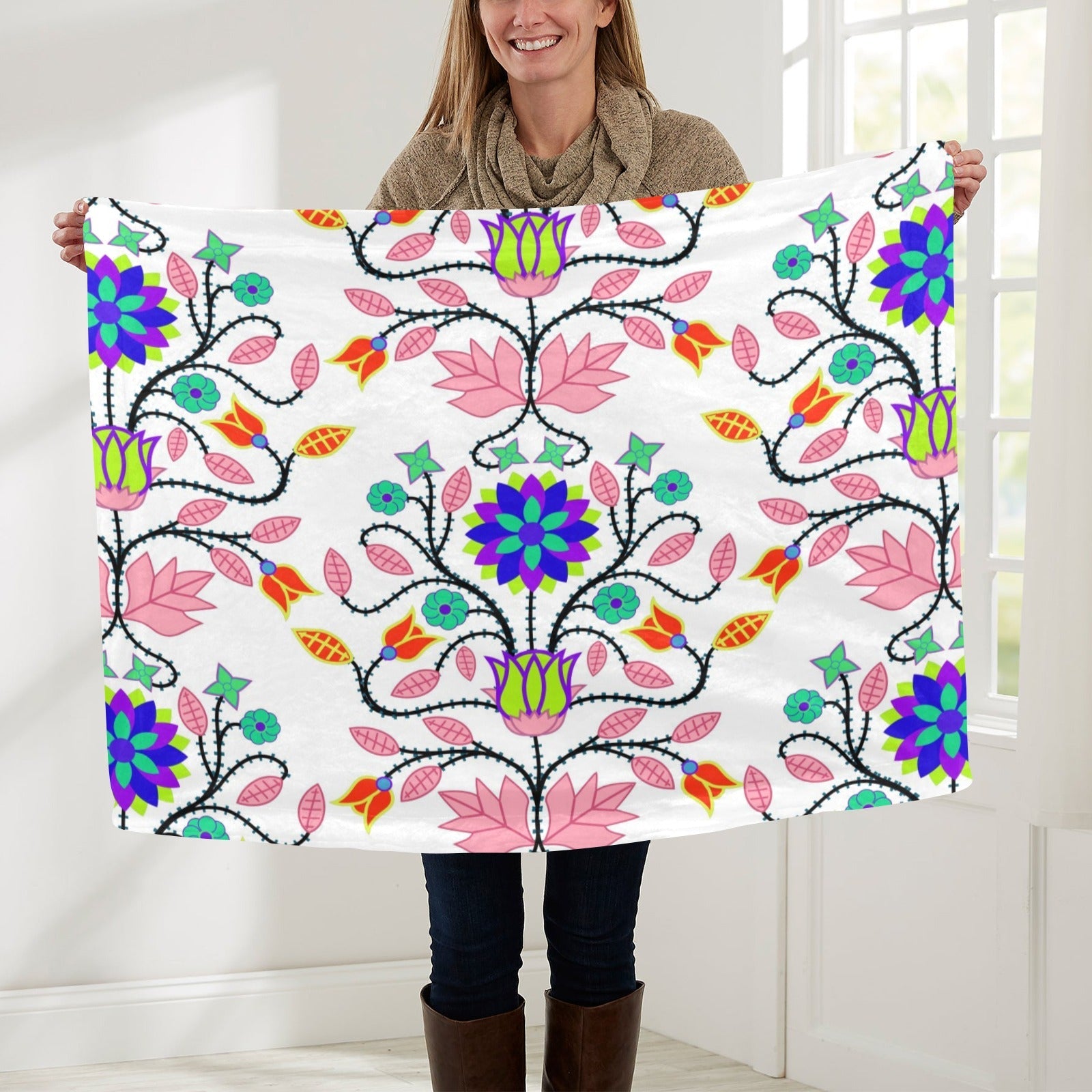 Floral Beadwork Four Clans White Baby Blanket 30"x40" Baby Blanket 30"x40" e-joyer