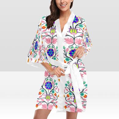 Floral Beadwork Four Clans White Kimono Robe Artsadd