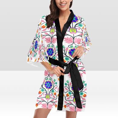 Floral Beadwork Four Clans White Kimono Robe Artsadd