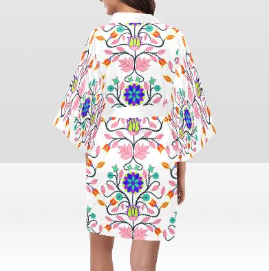 Floral Beadwork Four Clans White Kimono Robe Artsadd