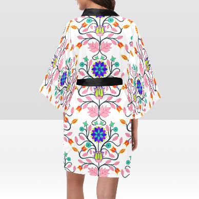 Floral Beadwork Four Clans White Kimono Robe Artsadd