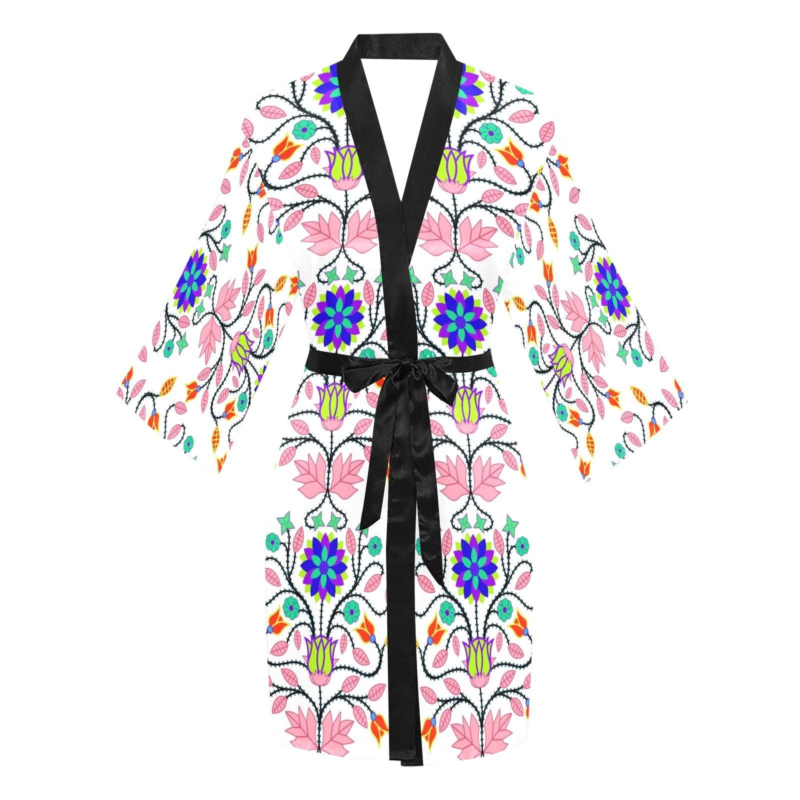 Floral Beadwork Four Clans White Long Sleeve Kimono Robe Long Sleeve Kimono Robe e-joyer 