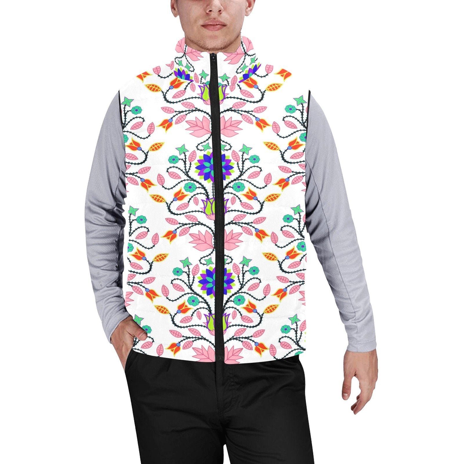 Floral Beadwork Four Clans White Men's Padded Vest Jacket (Model H44) Men's Padded Vest Jacket (H44) e-joyer