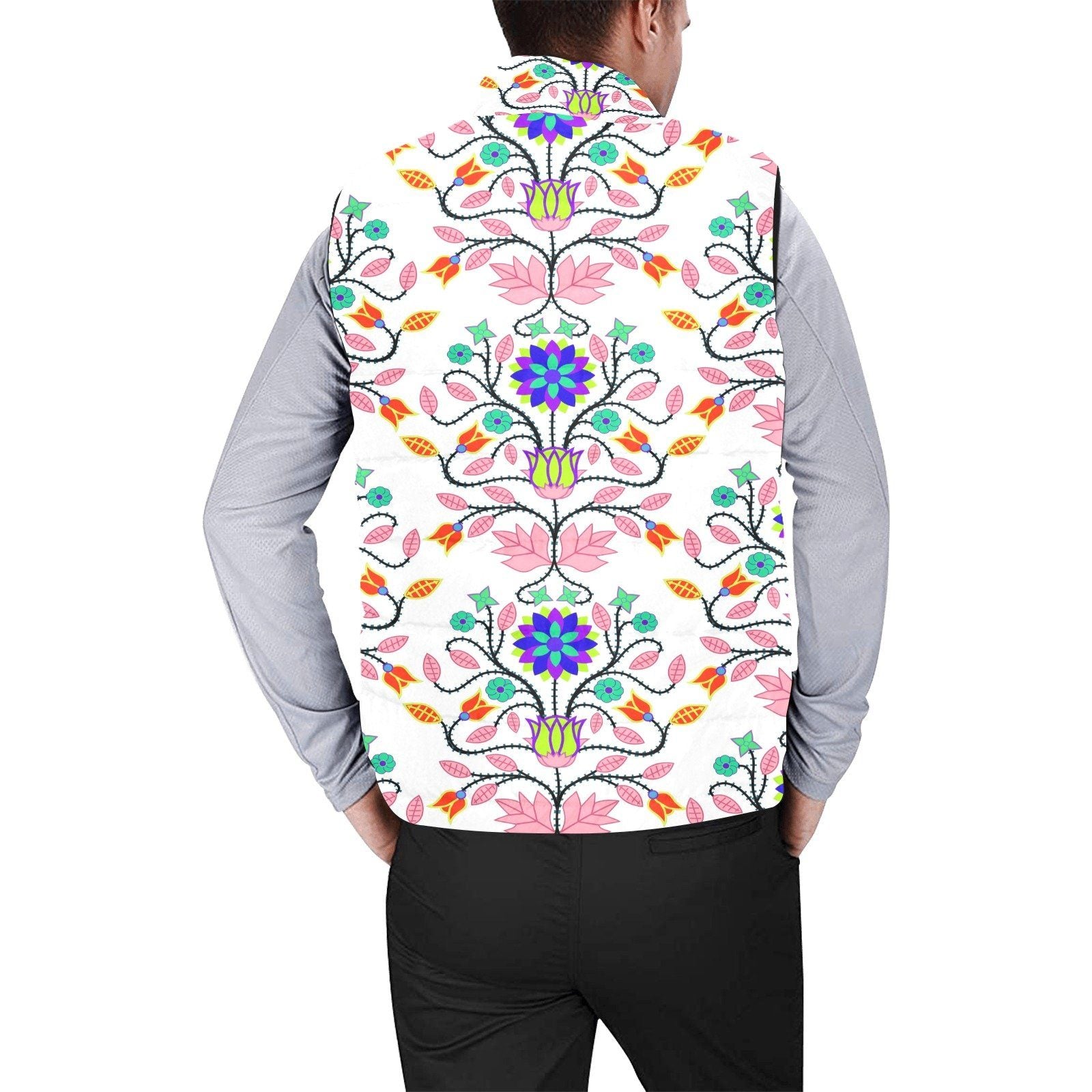 Floral Beadwork Four Clans White Men's Padded Vest Jacket (Model H44) Men's Padded Vest Jacket (H44) e-joyer
