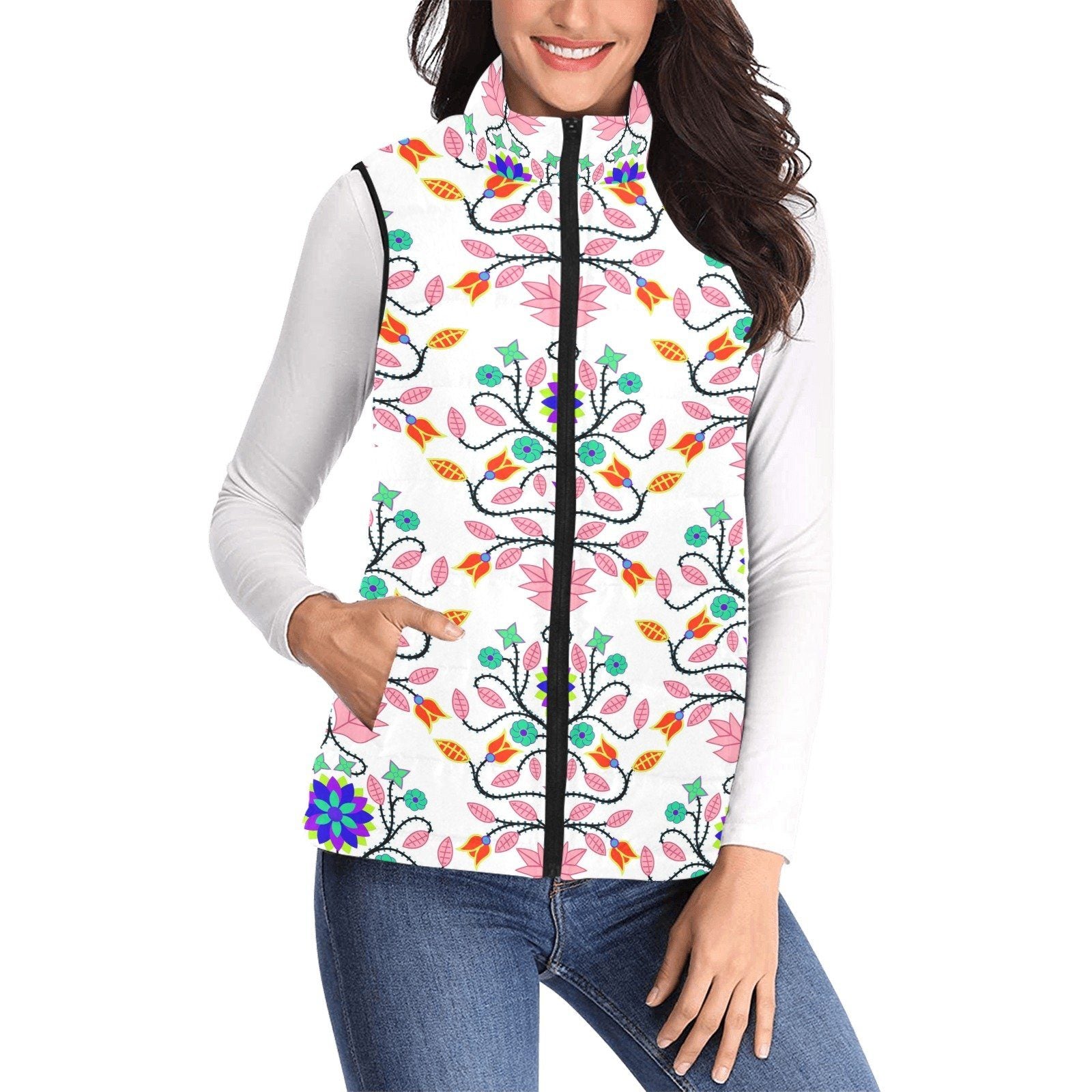 Floral Beadwork Four Clans White Women's Padded Vest Jacket (Model H44) Women's Padded Vest Jacket (H44) e-joyer