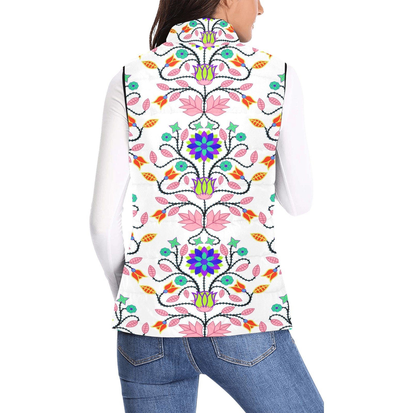 Floral Beadwork Four Clans White Women's Padded Vest Jacket (Model H44) Women's Padded Vest Jacket (H44) e-joyer
