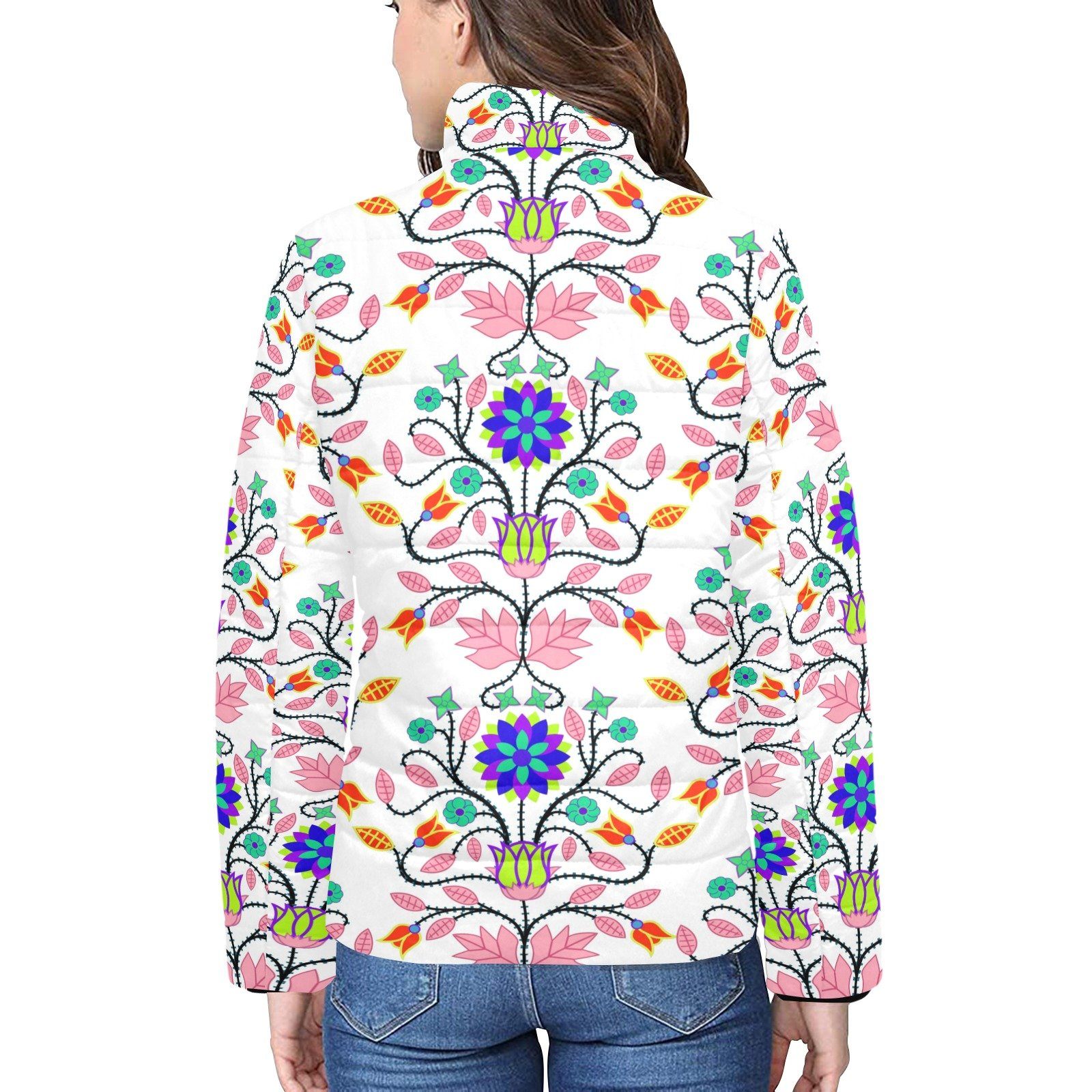 Floral Beadwork Four Clans White Women's Stand Collar Padded Jacket (Model H41) jacket e-joyer