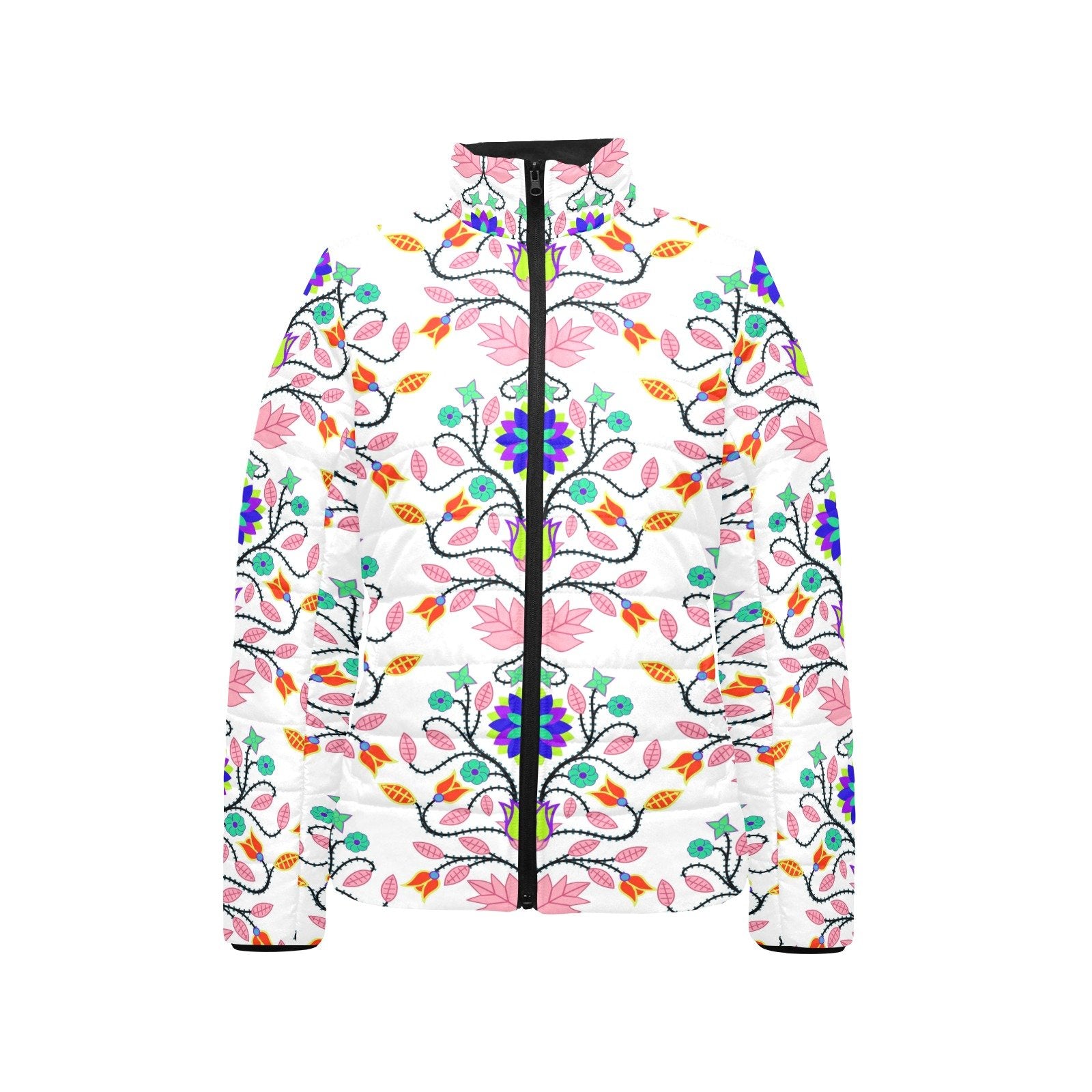 Floral Beadwork Four Clans White Women's Stand Collar Padded Jacket (Model H41) jacket e-joyer