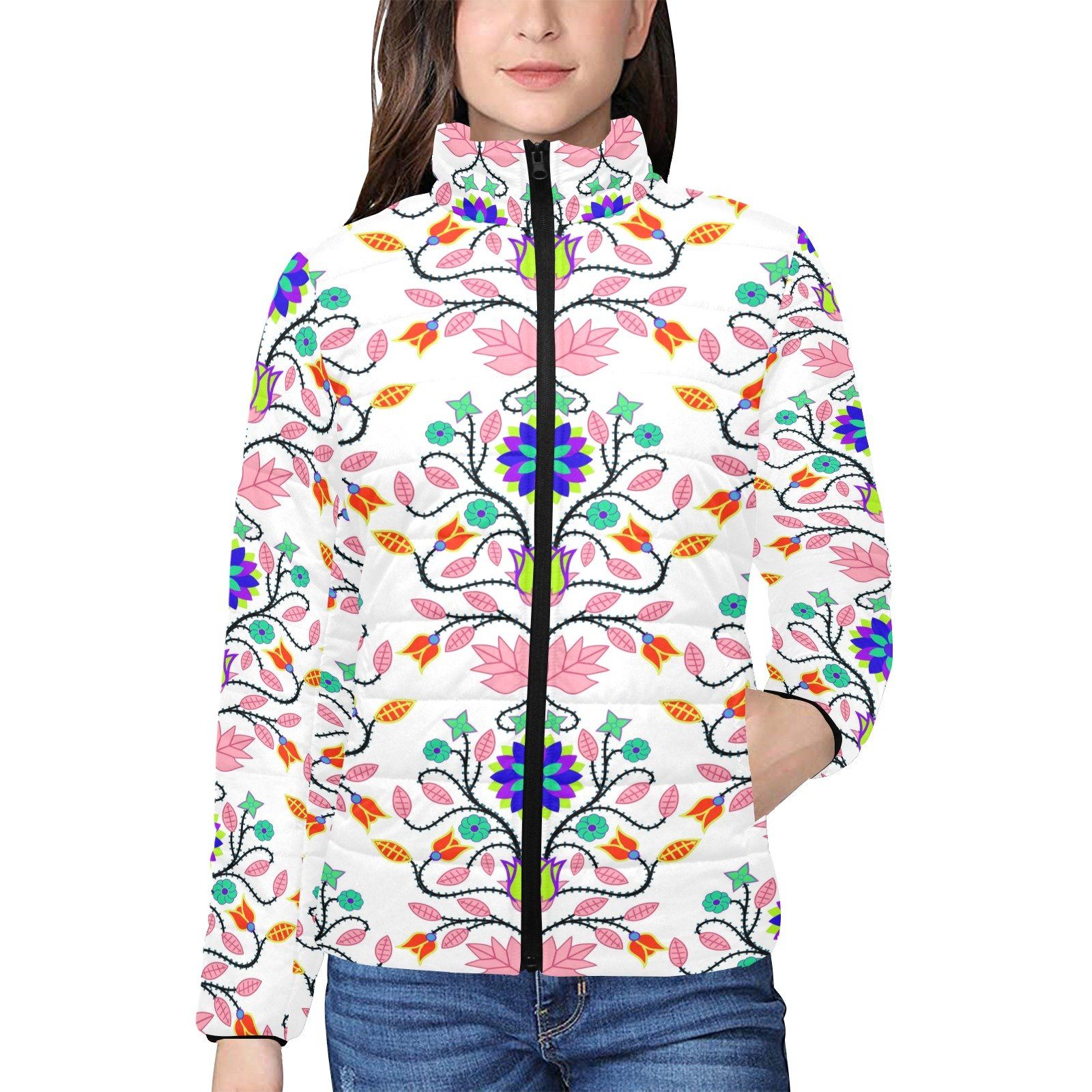Floral Beadwork Four Clans White Women's Stand Collar Padded Jacket (Model H41) jacket e-joyer
