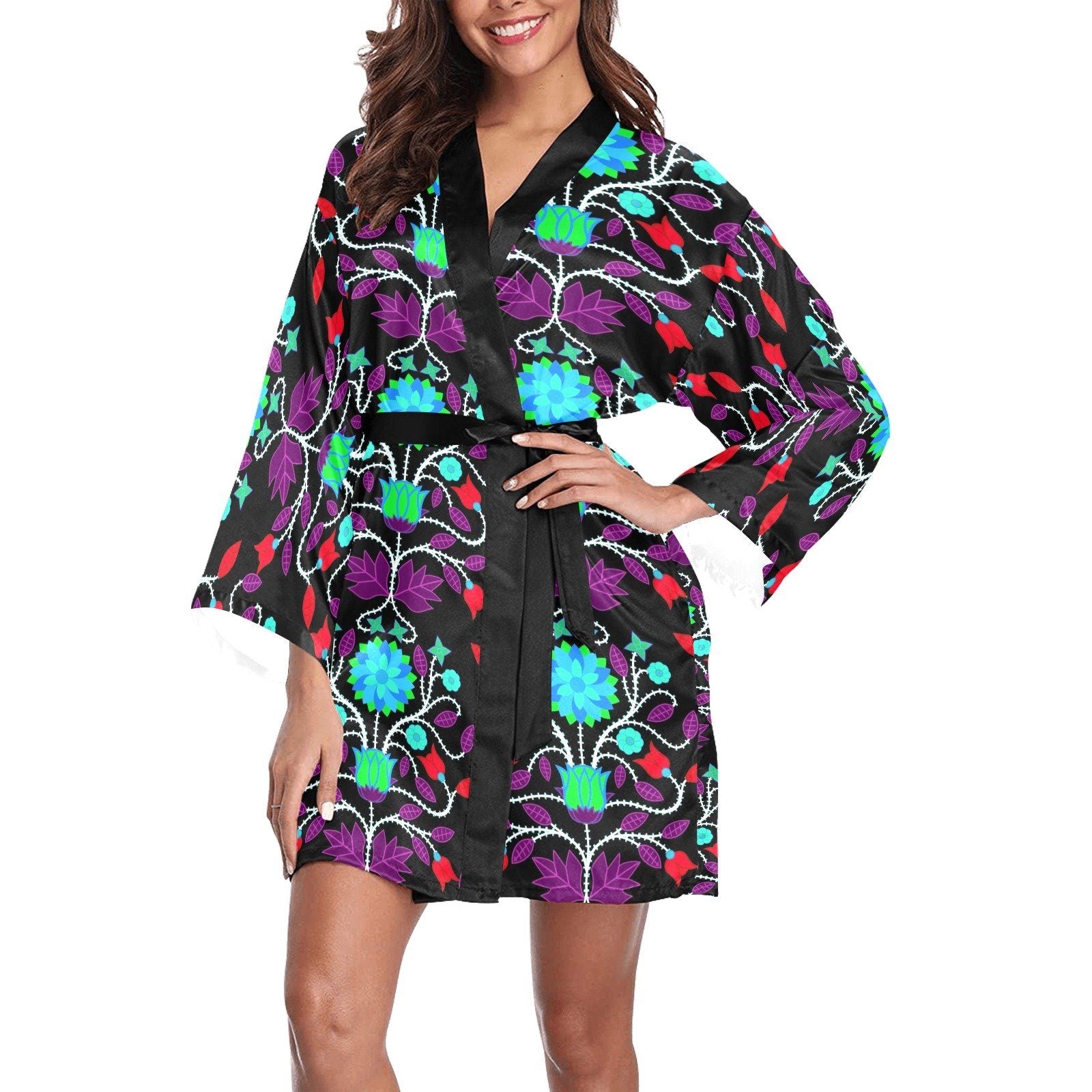 Floral Beadwork Four Clans Winter Long Sleeve Kimono Robe Long Sleeve Kimono Robe e-joyer 