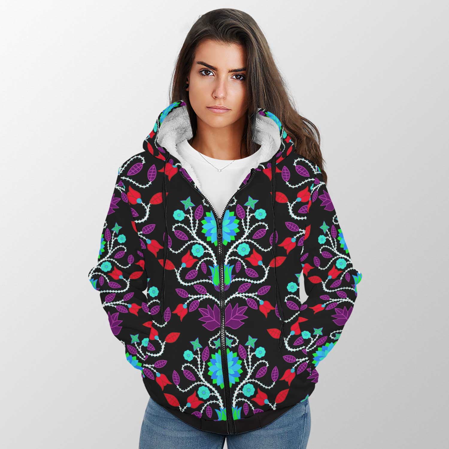 Floral Beadwork Four Clans Winter Sherpa Hoodie 49 Dzine
