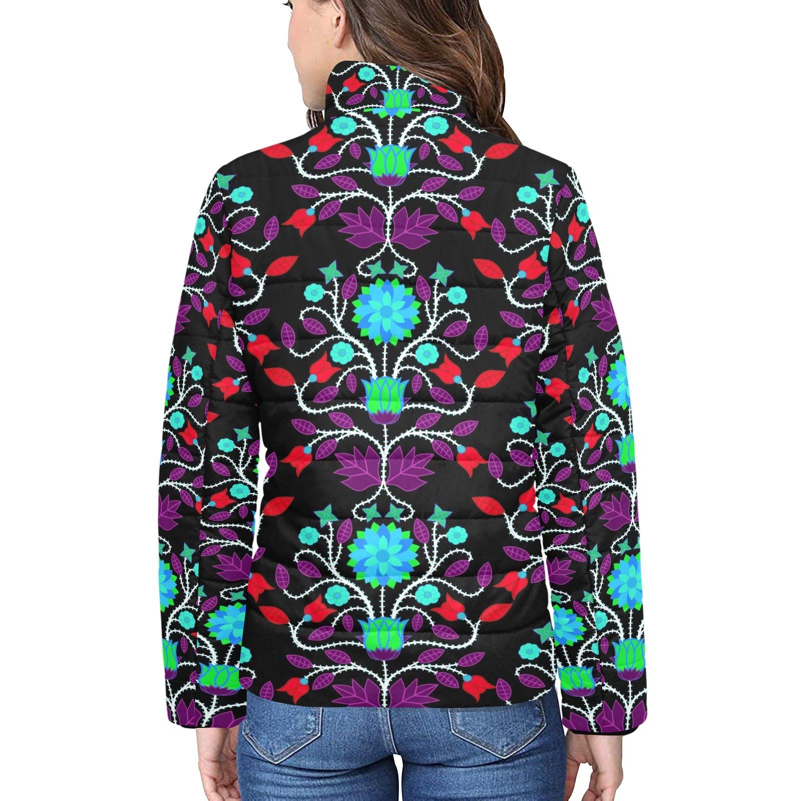 Floral Beadwork Four Clans Winter Women's Stand Collar Padded Jacket (Model H41) jacket e-joyer