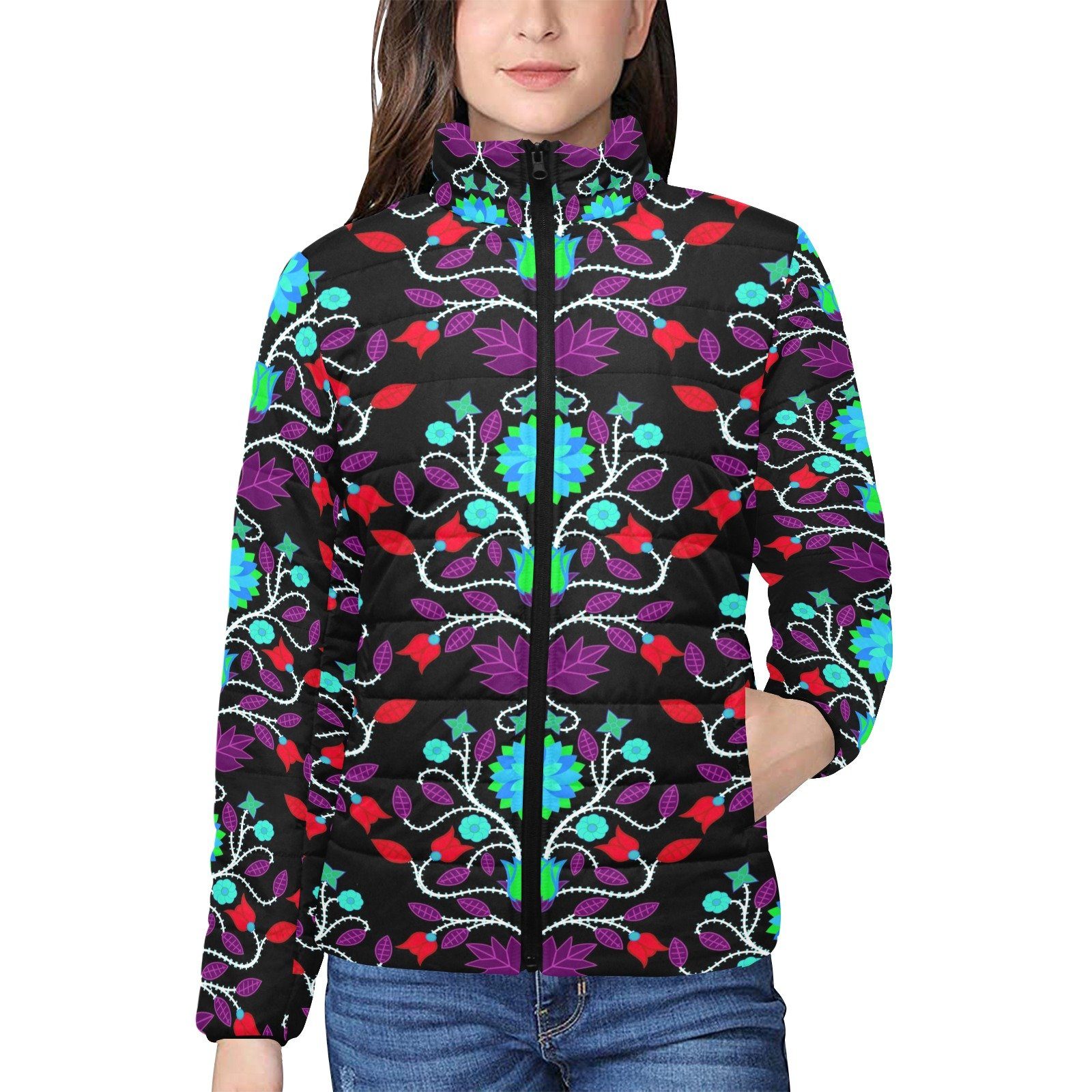 Floral Beadwork Four Clans Winter Women's Stand Collar Padded Jacket (Model H41) jacket e-joyer