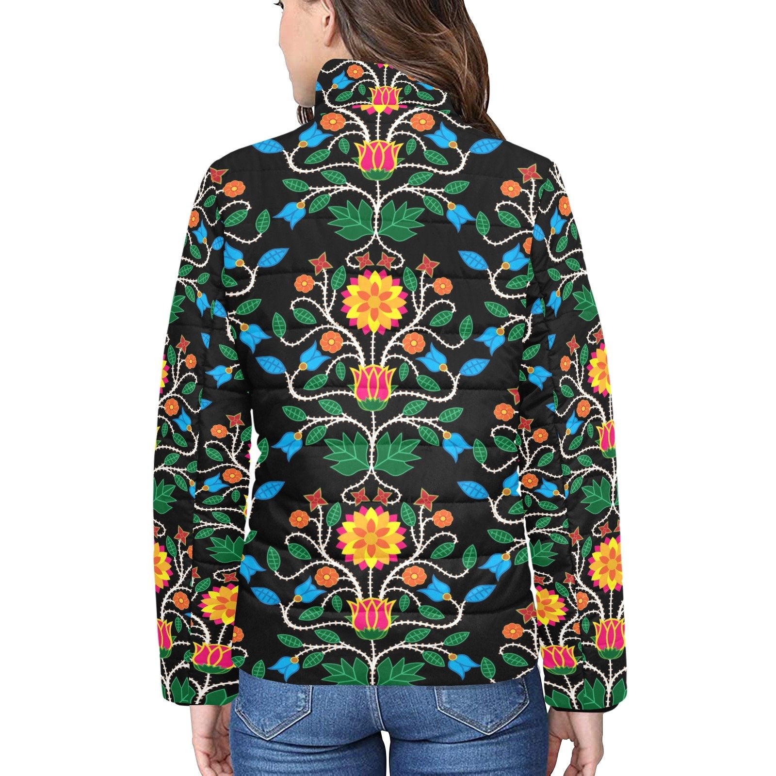Floral Beadwork Four Clans Women's Stand Collar Padded Jacket (Model H41) jacket e-joyer