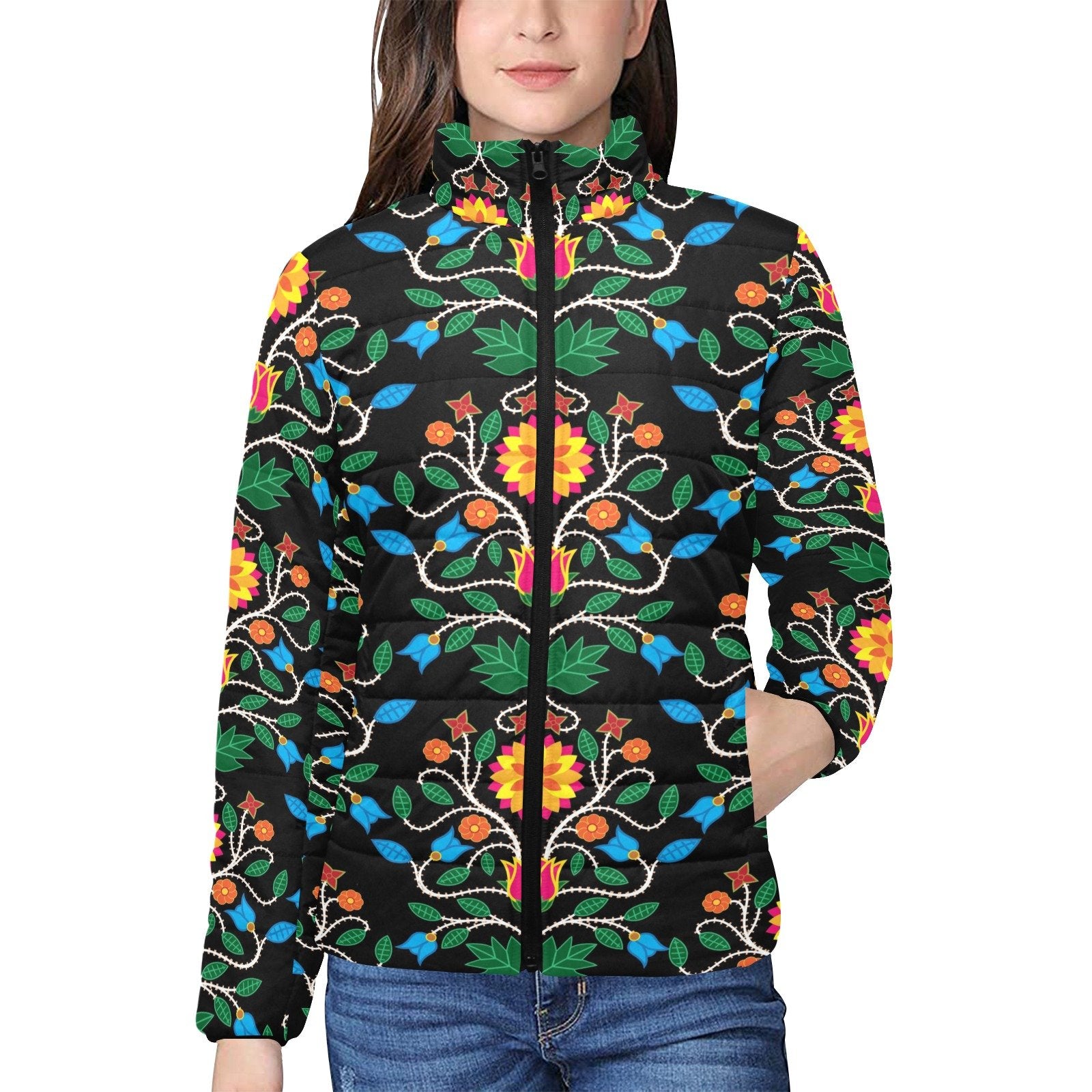 Floral Beadwork Four Clans Women's Stand Collar Padded Jacket (Model H41) jacket e-joyer
