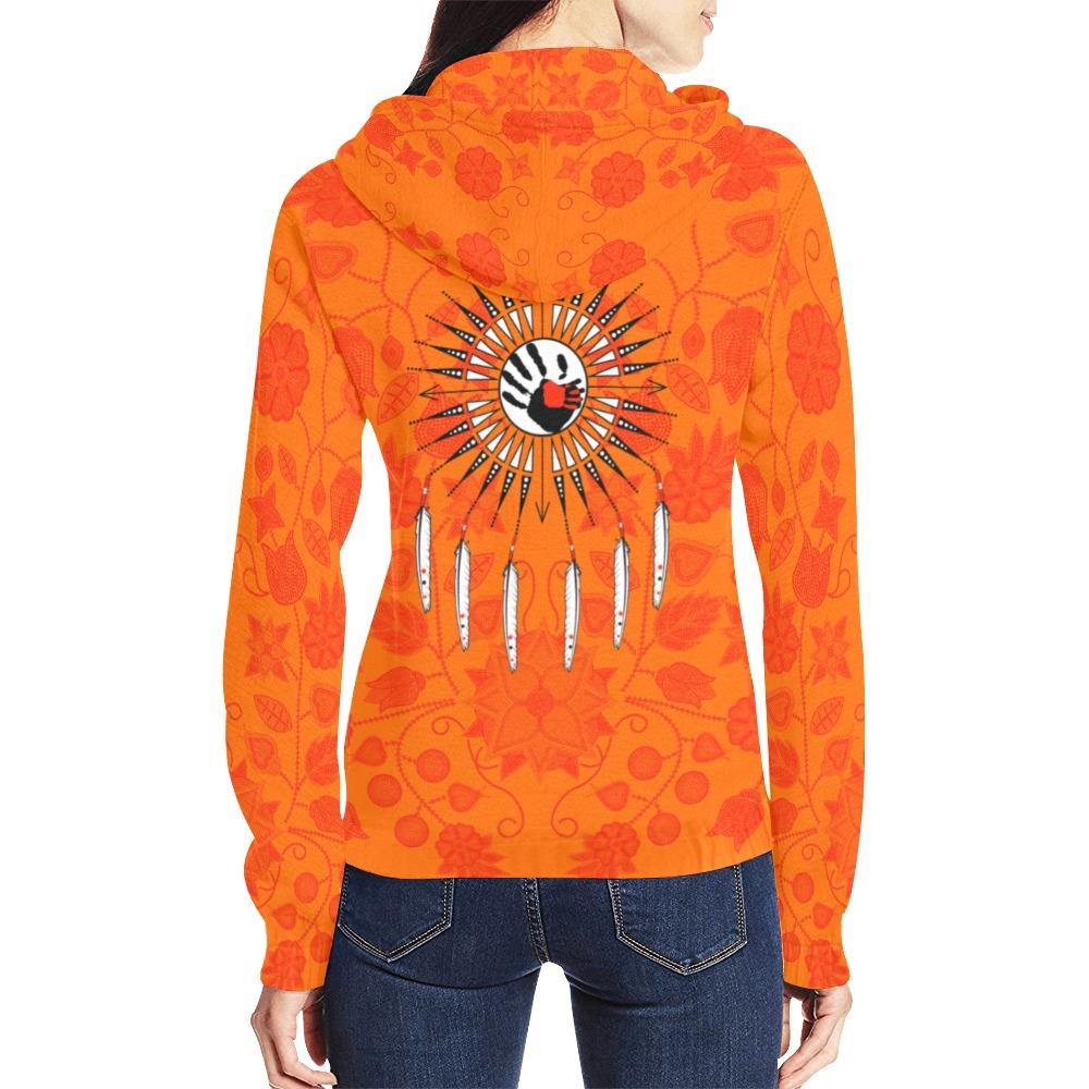 Floral Beadwork Real Orange Feather Directions All Over Print Full Zip Hoodie for Women (Model H14) All Over Print Full Zip Hoodie for Women (H14) e-joyer