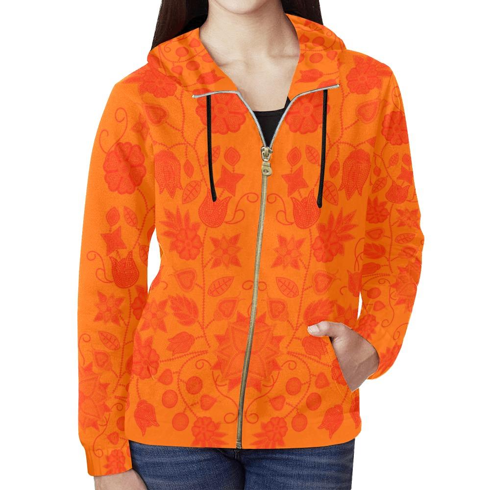 Floral Beadwork Real Orange Feather Directions All Over Print Full Zip Hoodie for Women (Model H14) All Over Print Full Zip Hoodie for Women (H14) e-joyer